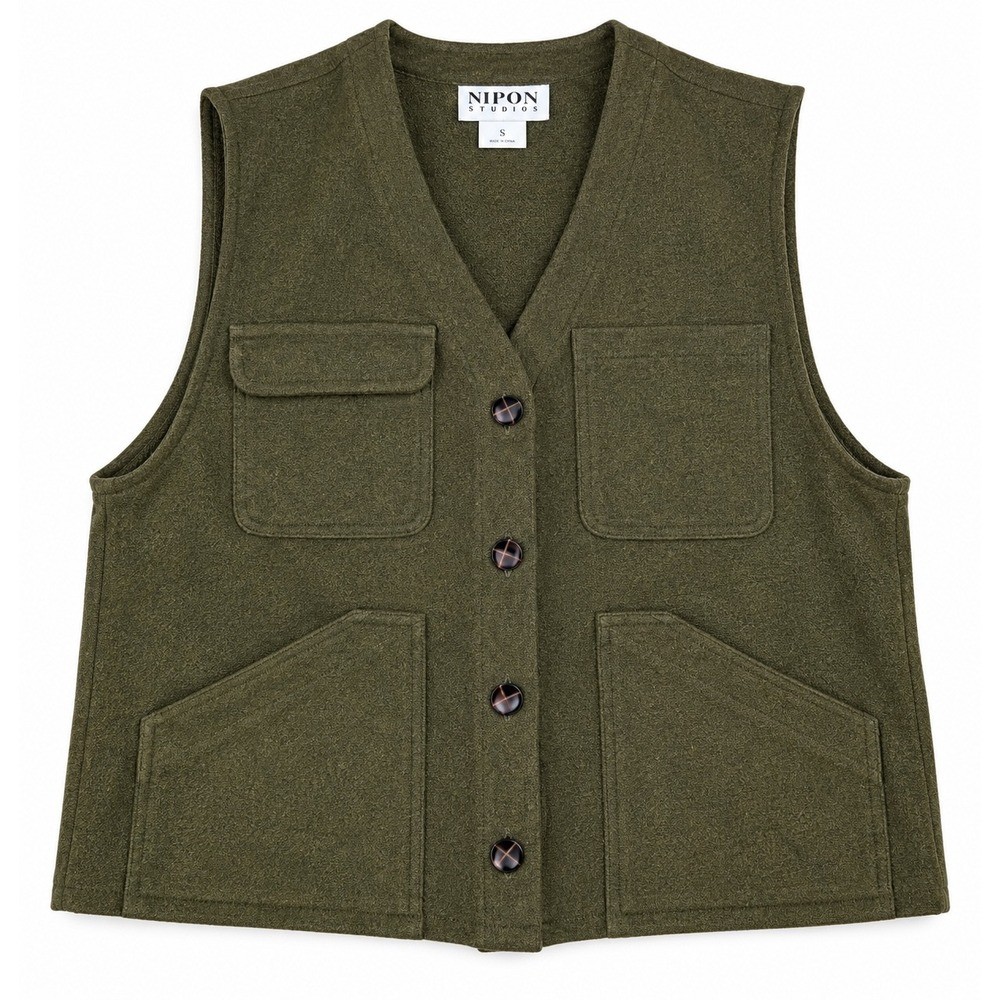 Nipon Studios Wool Blend Utility Vest Loden Green Size S Style 5558